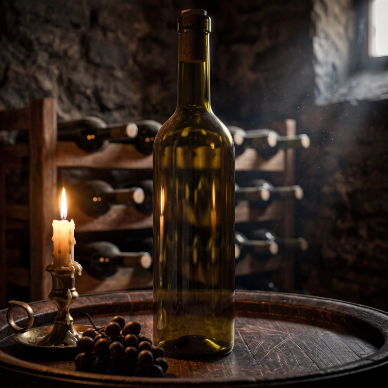 Szklana butelka oliwkowa Bordeaux 750 ml w piwnicy winiarskiej, ciemne szkło chroniące wino przed światłem