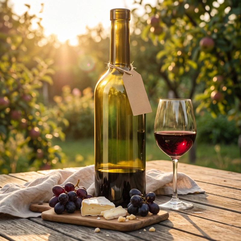 Szklana butelka winiarska Bordeaux 750 ml w oliwkowym szkle w ogrodzie o zachodzie słońca