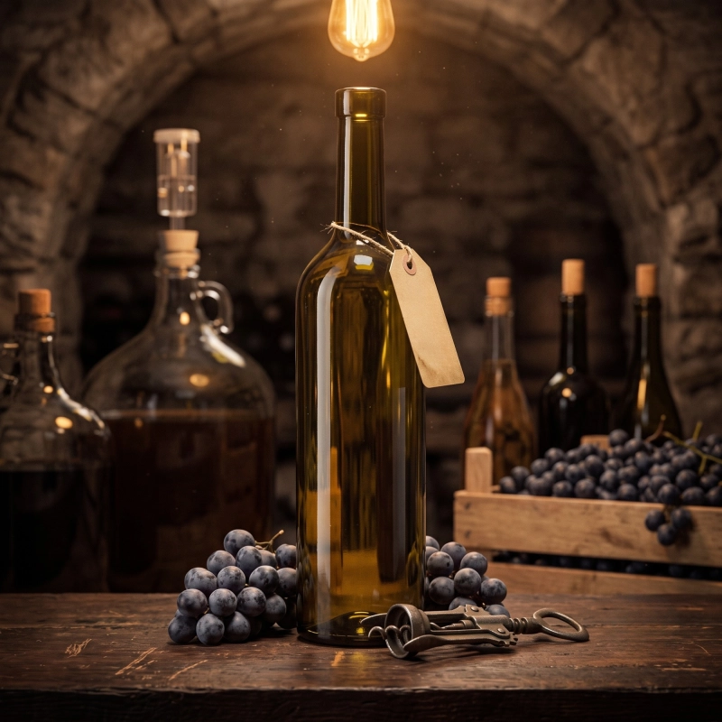 Oliwkowa butelka szklana Bordeaux 750 ml ze świecą w tle, wklęsłe dno na osad i korek fi 19 mm