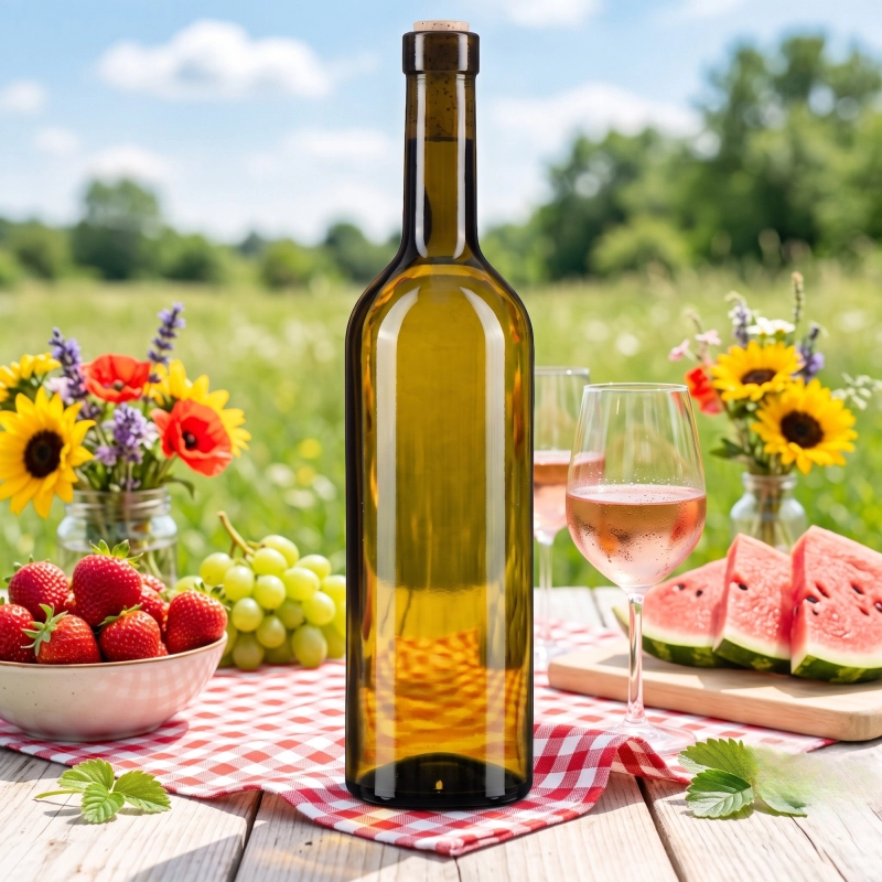 Szklana butelka Bordeaux 750 ml w kolorze oliwkowym na tle winnicy, flaszka chroniąca wino przed światłem