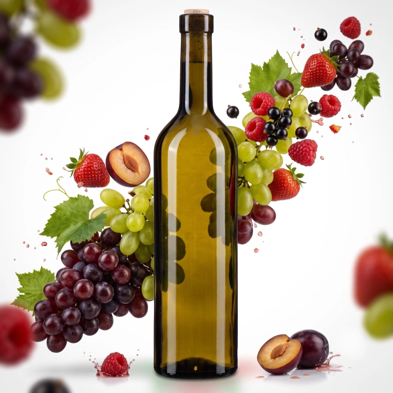 Butelka szklana Bordeaux 750 ml w ciemnym szkle oliwkowym wśród winogron, do wina i likierów