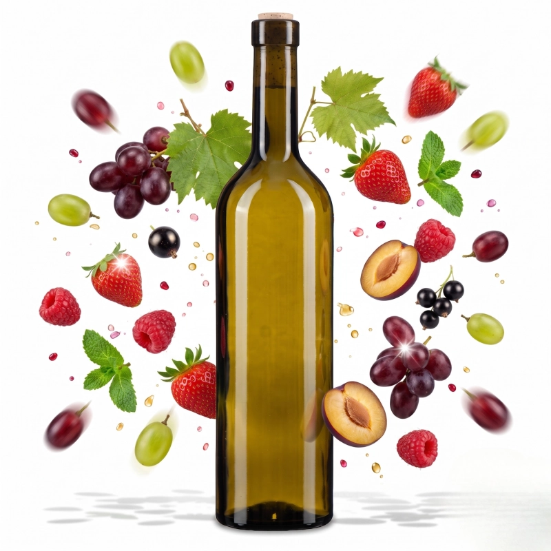 Szklana butelka Bordeaux 750 ml na tle czerwonych winogron z rozbryzgiem soku, zestaw 10 sztuk