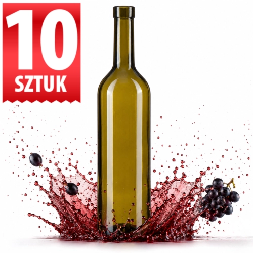 Butelki na wino oliwkowe Bordeaux 750 ml korki aglomerowane zestaw 10 szt