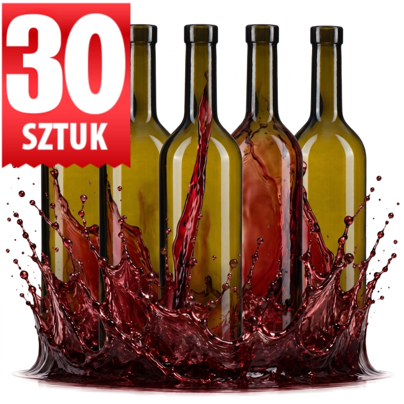 Zestaw 30 butelek szklanych oliwkowych Bordeaux 750 ml z winogronami, razem 22,5 litra na rozlew