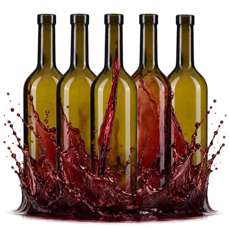 Komplet 30 szklanych flaszek winiarskich Bordeaux 750 ml w ciemnym szkle oliwkowym, hurtowy rozlew