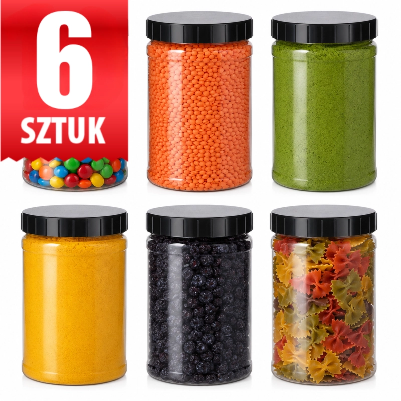 Zestaw 6 pojemników PET EasyPack 1 l z czarną zakrętką wypełnionych kolorowymi produktami sypkimi