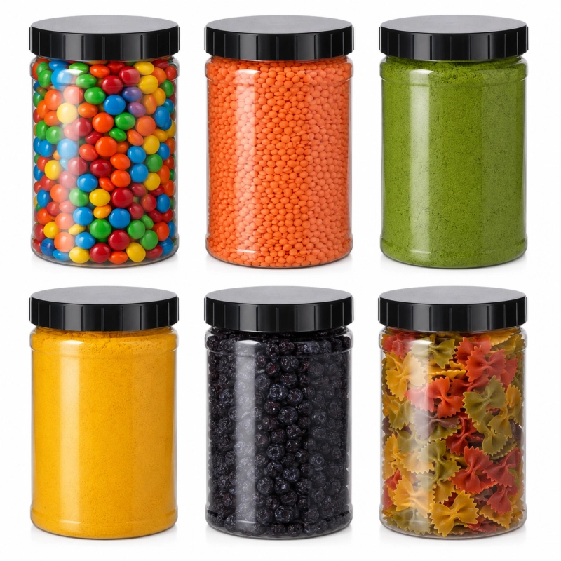 6 plastikowych słoików PET EasyPack 1 litr z zakrętką na produkty sypkie — komplet kuchenny