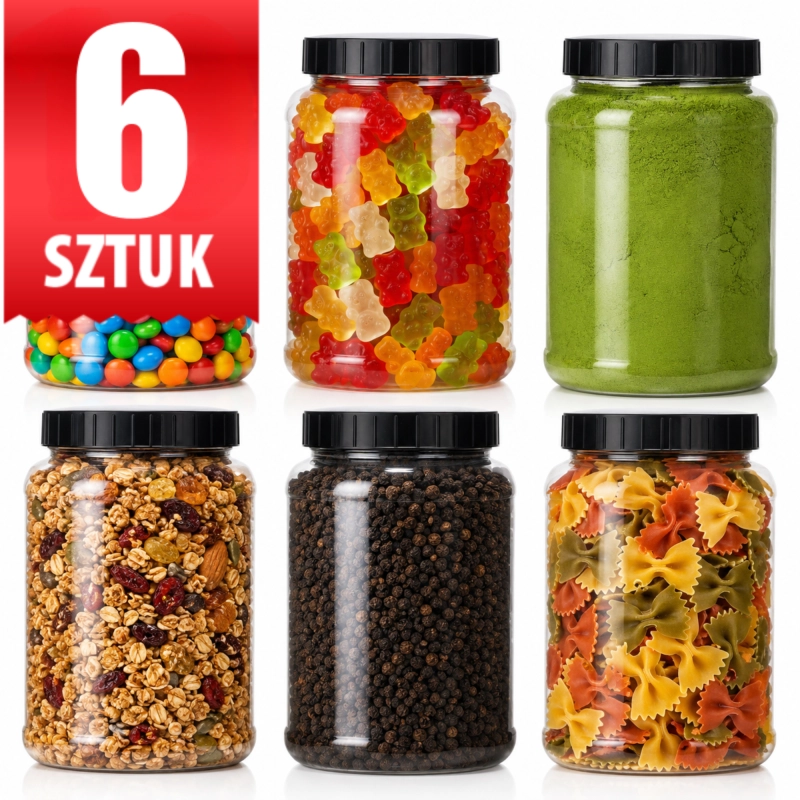 Zestaw 6 plastikowych słojów PET 2L z czarnymi zakrętkami do przechowywania żywności
