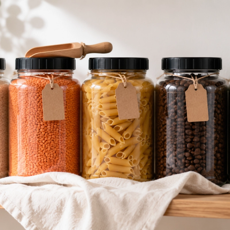 Zestaw słojów PET 2000 ml z kolorowymi produktami sypkimi kaszami płatkami i makaronami