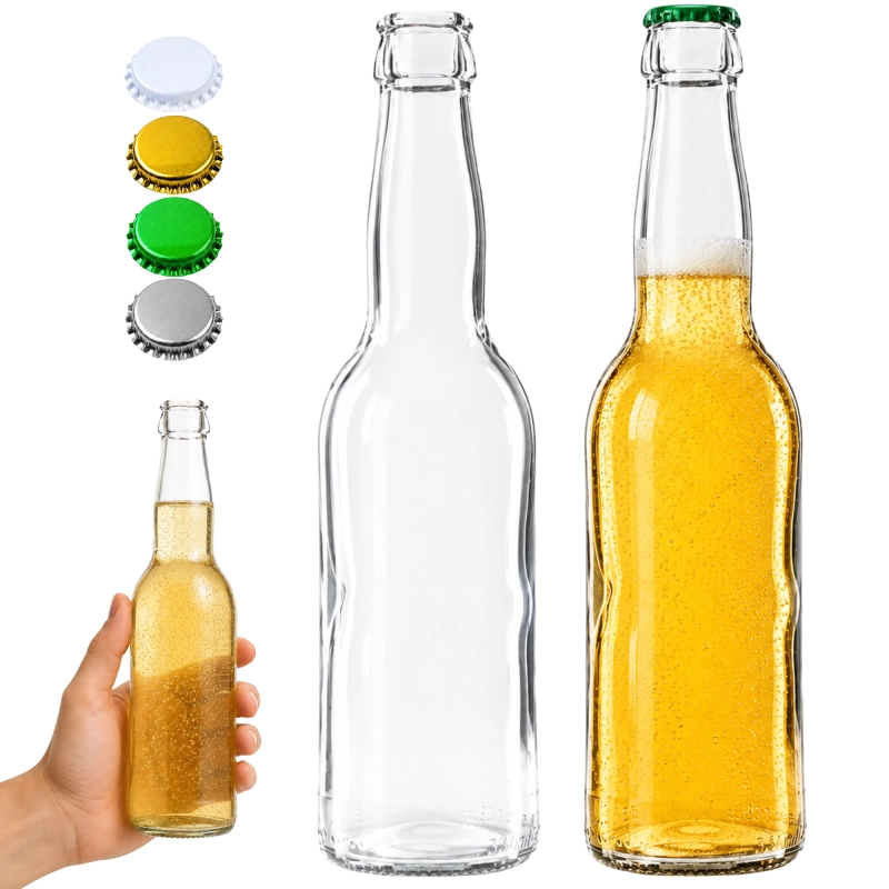Butelka z kompletu 10 sztuk longneck 330 ml obok kolorowych kapsli koronnych do piwa i cydru
