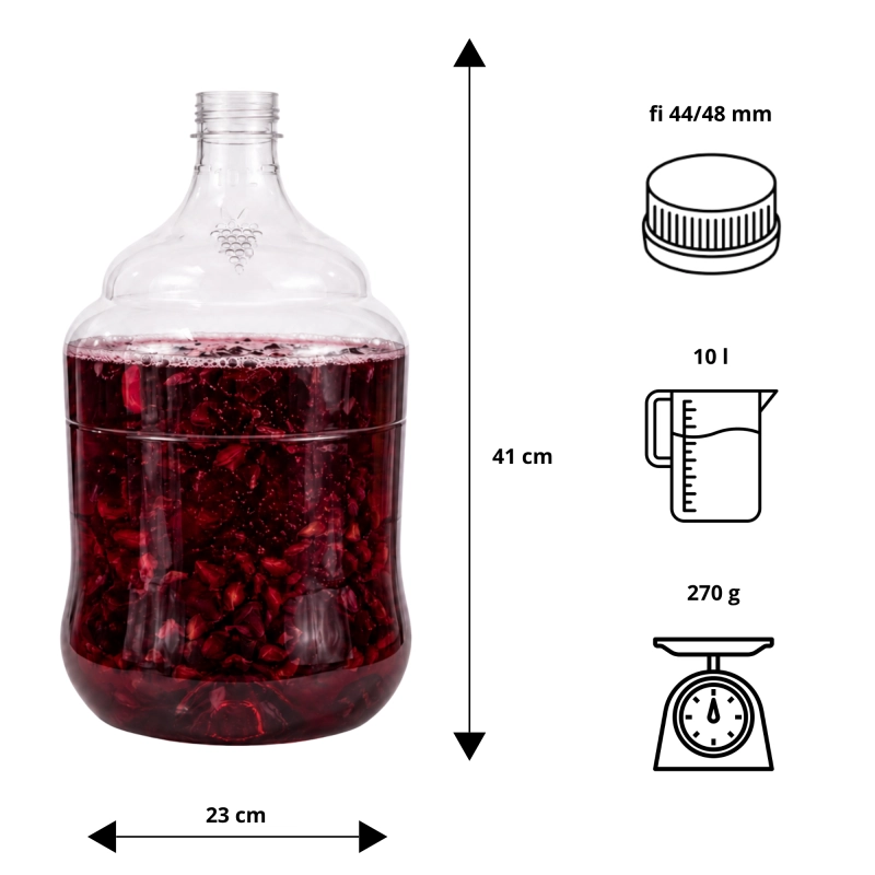 Schemat wymiarów balonu fermentacyjnego PET 10 l z oznaczeniem korka 44/48 mm i rurki