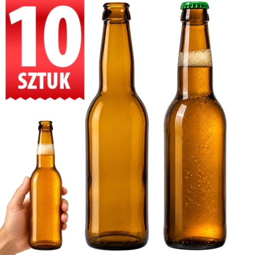 Zestaw 10 butelek na piwo Longneck 330 ml — brązowe szkło, kapsel fi 26 mm