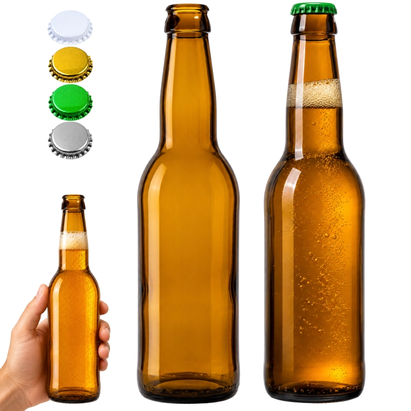 Trzy butelki z kompletu 10 sztuk longneck 330 ml z kolorowymi kapslami do piwa i kwasu chlebowego