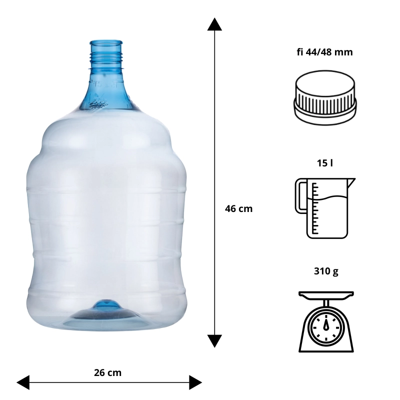 Schemat techniczny balonu fermentacyjnego PET 15 l z oznaczeniem korka 44/48 mm i rurki