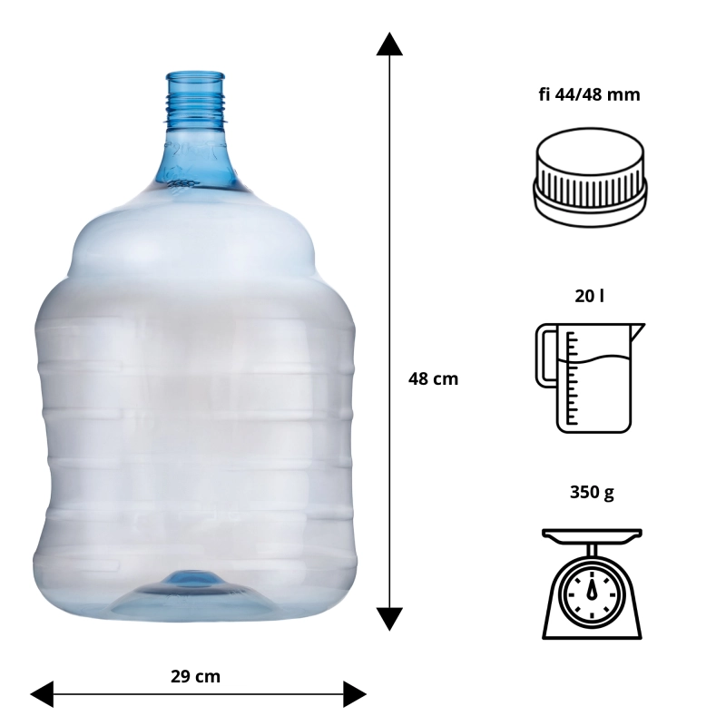 Schemat techniczny balonu fermentacyjnego PET 20 l z oznaczeniem korka 44/48 mm i rurki