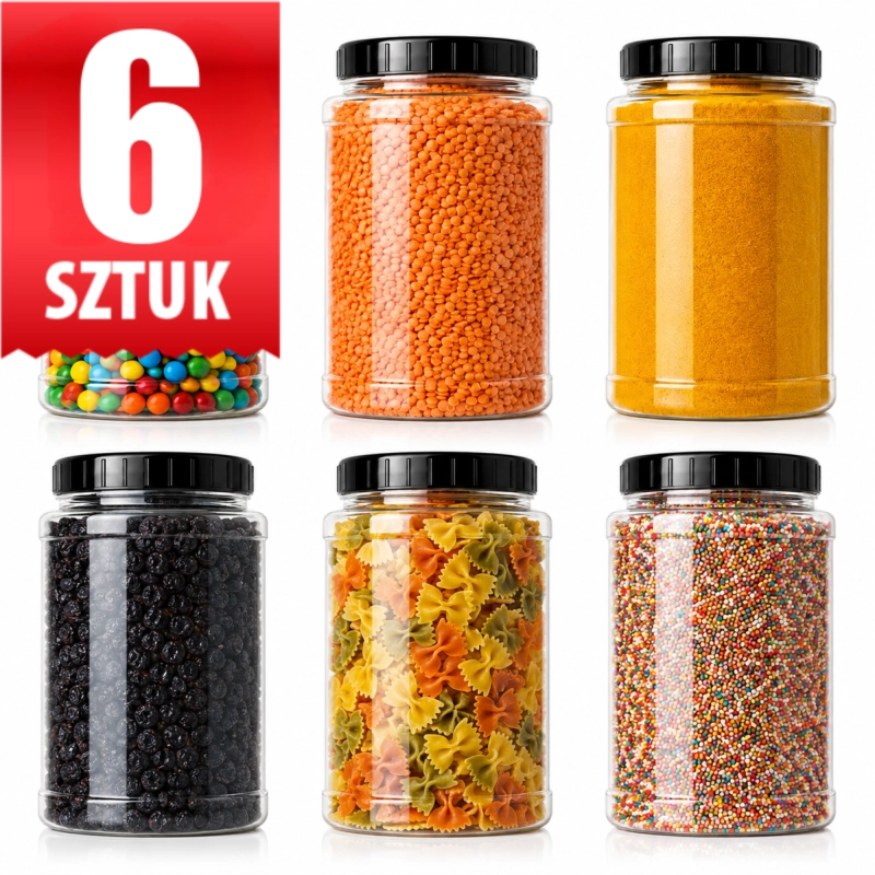 Zestaw 6 plastikowych słoików PET 1,5 l z czarnymi zakrętkami wypełnionych kaszami i produktami sypkimi