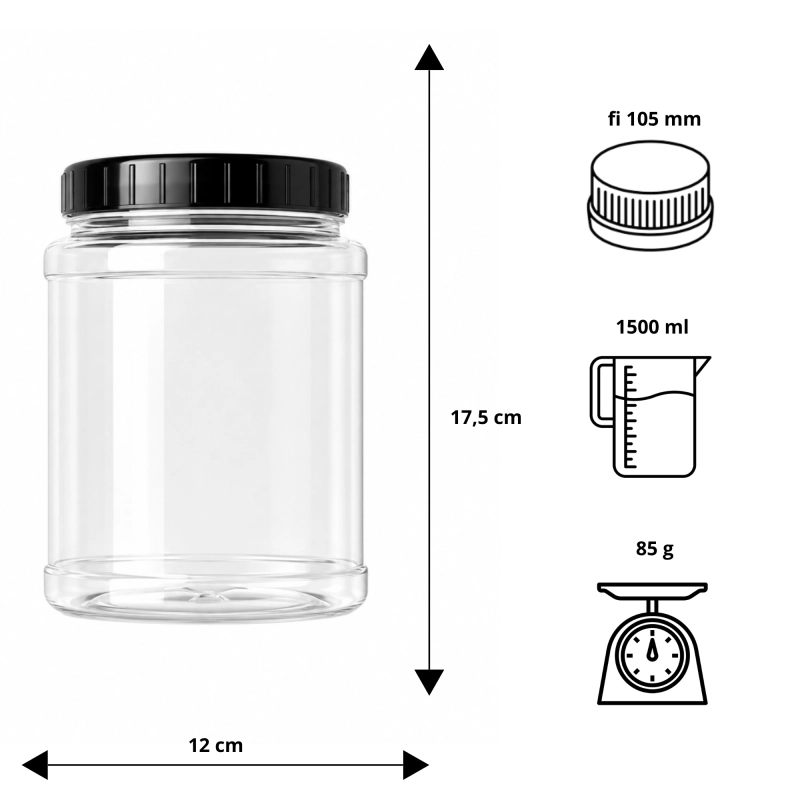 Infografika wymiarów słoika PET 1,5 l — wysokość 17,5 cm, szerokość 12 cm, waga 85 g, atest spożywczy