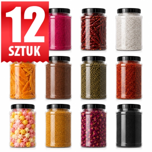 –	Słoiki PET 1,5 l z atestem spożywczym zestaw 12 szt. — pojemniki kuchenne na produkty sypkie