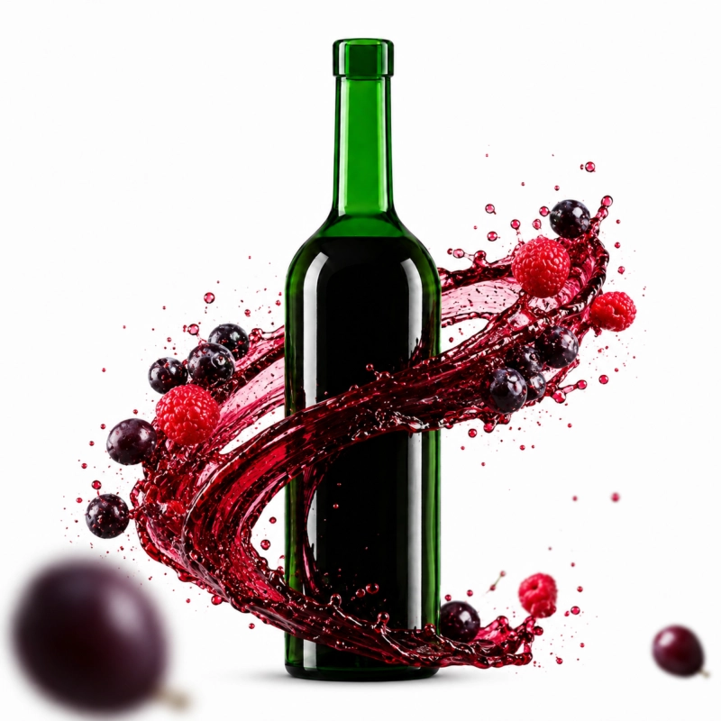Zielona butelka szklana Bordeaux 750 ml wśród czerwonych winogron, do leżakowania wina domowego