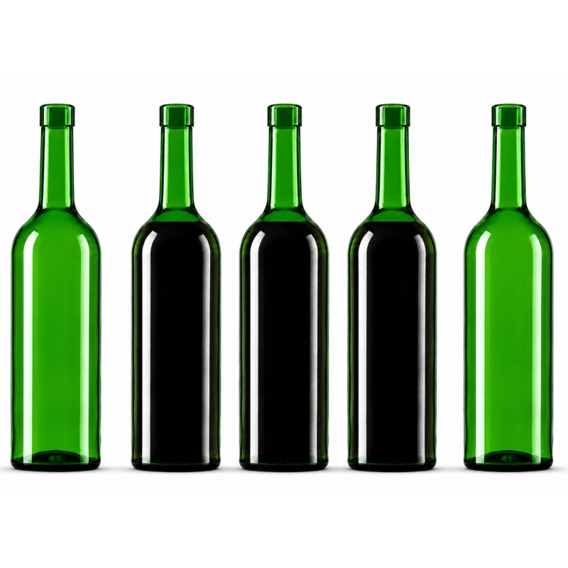 Cztery butelki szklane Bordeaux 750 ml w kolorze zielonym ustawione w rzędzie, do wina i nalewek