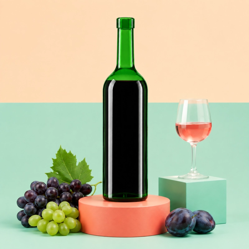 Szklana flaszka Bordeaux 750 ml w ciemnym zielonym szkle na tle kolorowej aranżacji z owocami