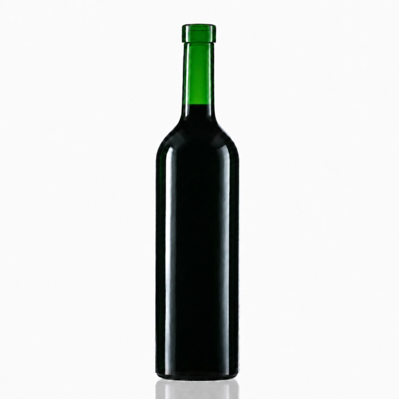 Butelka Bordeaux 750 ml w zielonym szkle z czerwonym winem, wąska szyjka fi 19 mm pod korek aglomerowany