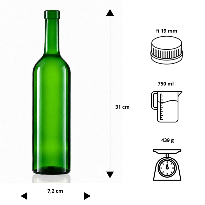 Schemat wymiarów zielonej butelki Bordeaux 750 ml z szyjką fi 19 mm, wysokość i średnica flaszki