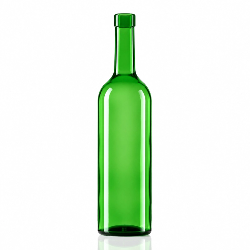 Pusta butelka szklana zielona Bordeaux 750 ml na białym tle, klasyczny kształt winiarski z wklęsłym dnem