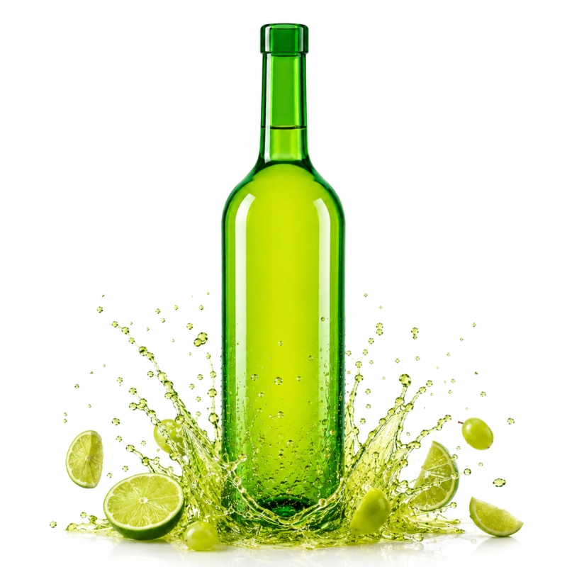 Zielona butelka winiarska Bordeaux 750 ml z winogronami na jasnym tle, szkło chroniące wino przed UV