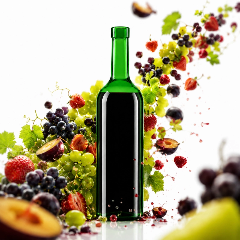 Zielona flaszka Bordeaux 750 ml na tle winnicy z rozbryzgiem soku, szklana butelka do wina domowego