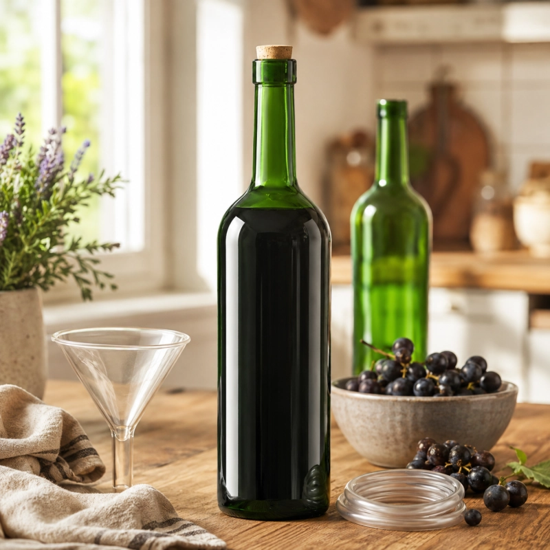 Butelki szklane Bordeaux 750 ml w zielonym szkle w piwnicy winiarskiej, komplet 10 sztuk 7,5 litra