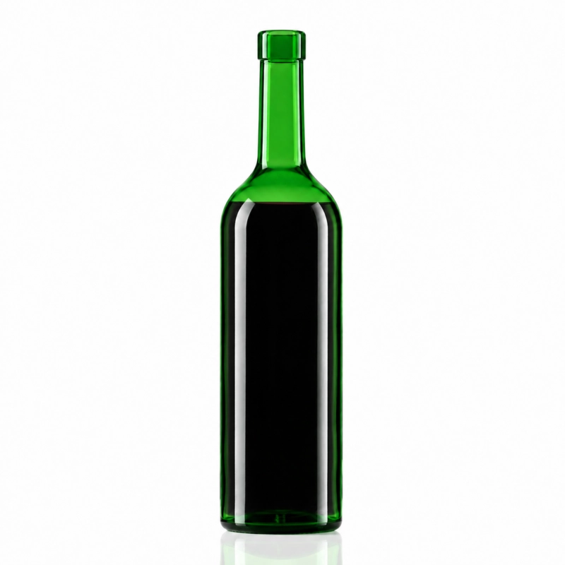 Szklana butelka Bordeaux 750 ml w ciemnym zielonym szkle z czerwonym winem, wklęsłe dno na osad