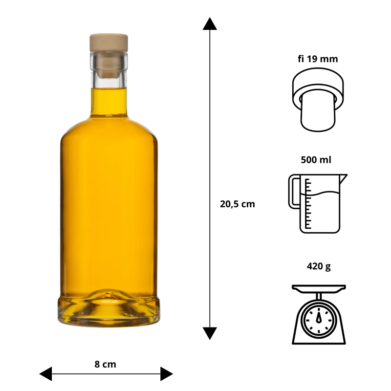 Wymiary butelki szklanej Statua 500 ml korpus 8 cm wysokość 20,5 cm korek fi 19 mm