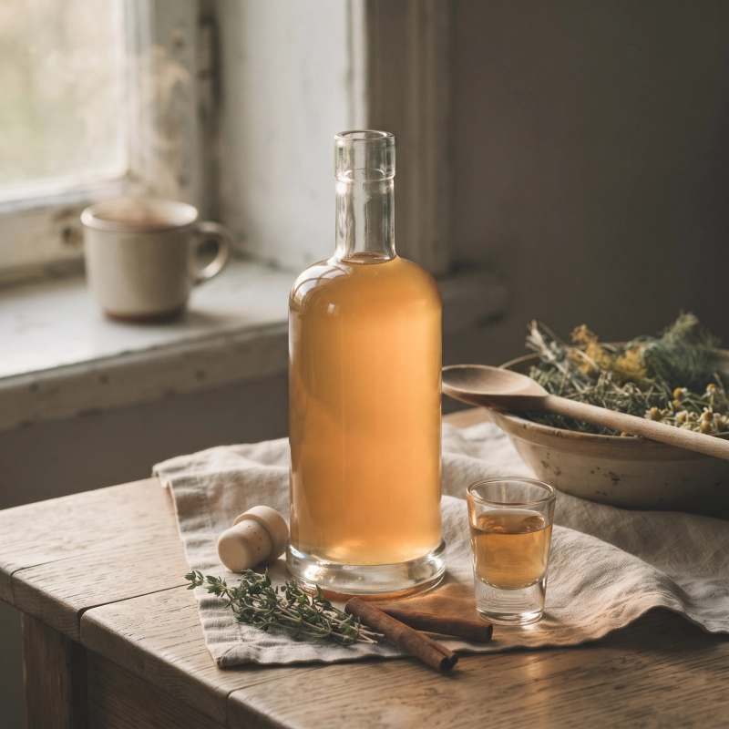 Butelka do nalewek Statua 500 ml szklana z szerokim korpusem na stole ujęcie lifestyle