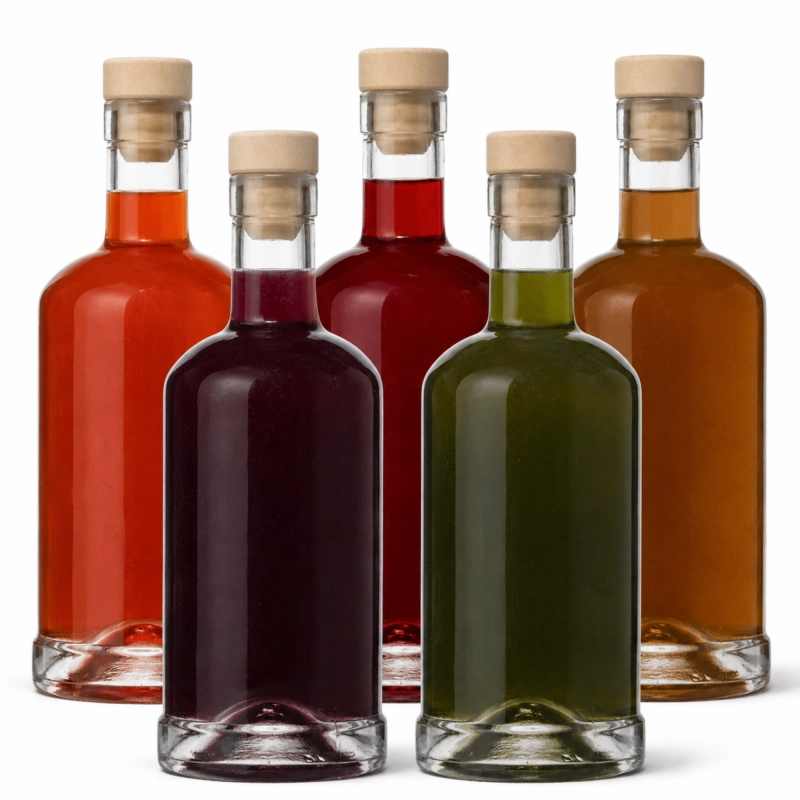5 szklanych butelek Statua 500 ml z kolorowymi nalewkami i korkami syntetycznymi fi 19