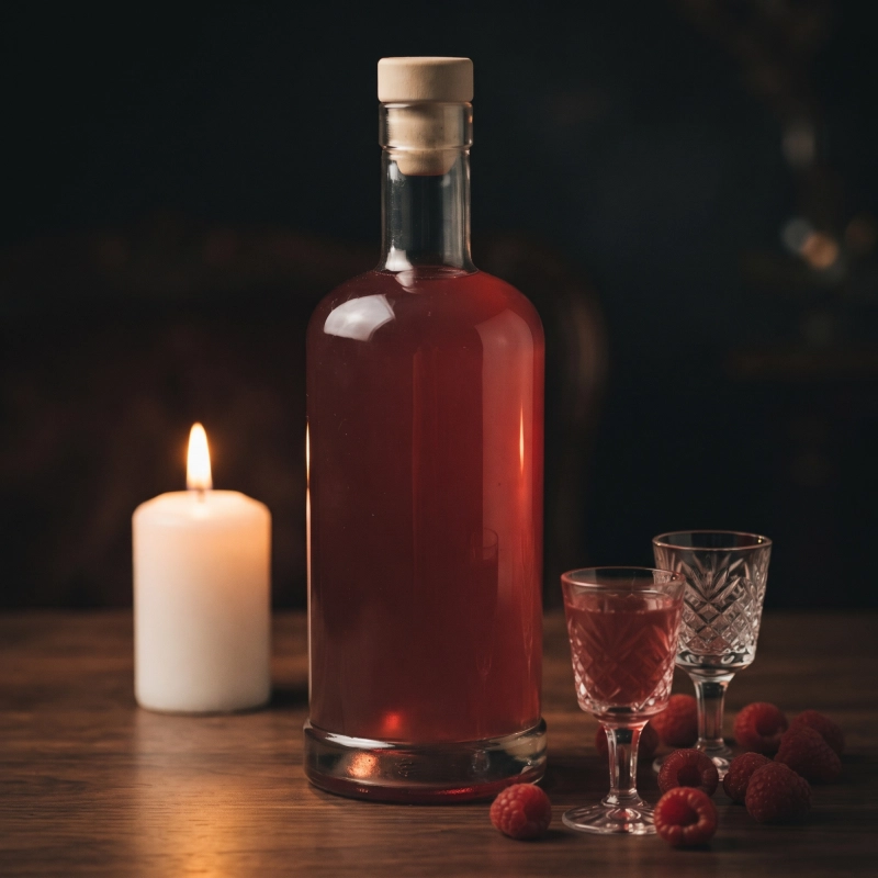 Butelki szklane Statua 500 ml z nalewkami przy świecach korek grzybek wieczorne ujęcie