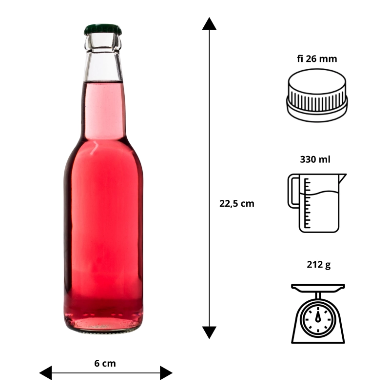 Tablica z wymiarami szklanej butelki longneck 330 ml, komplet 10 sztuk pod kapsel koronny fi 26