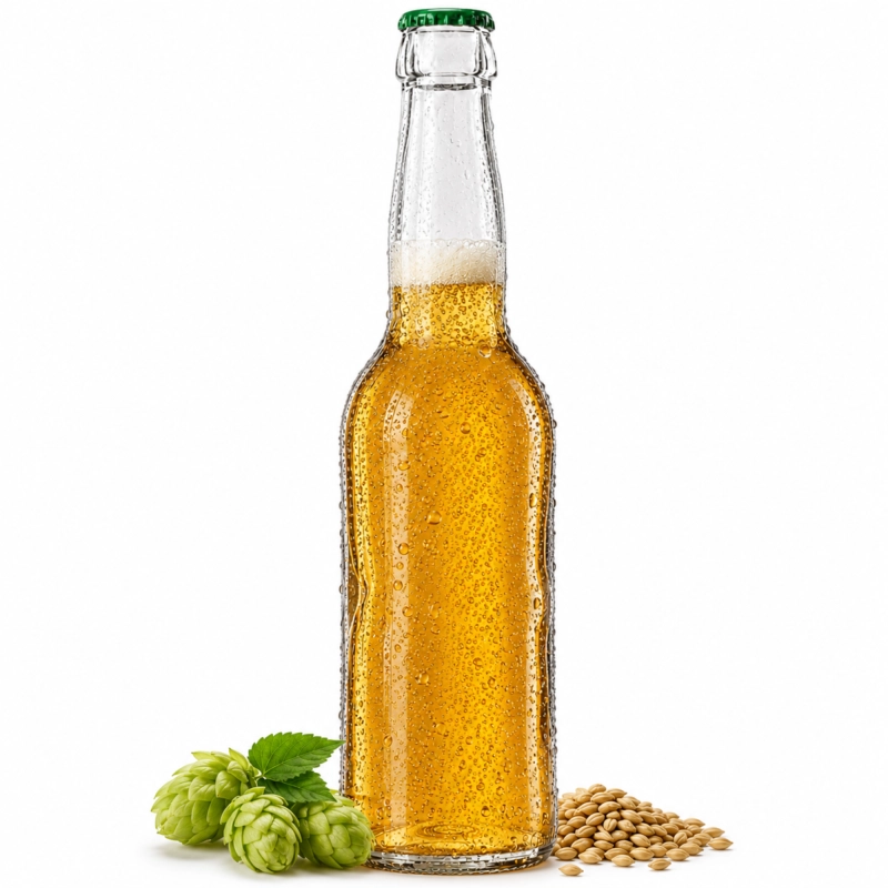 Szklana butelka longneck 330 ml z bursztynowym napojem w aranżacji ze świeżymi ziołami