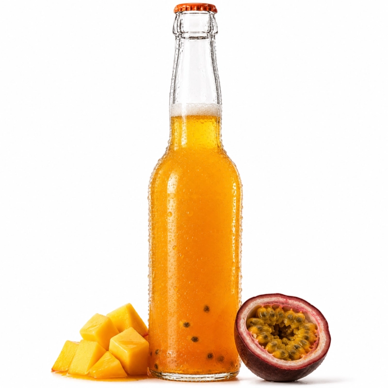 Bezbarwna butelka 330 ml z owocową lemoniadą obok cytrusów, szkło pod kapsel koronny fi 26