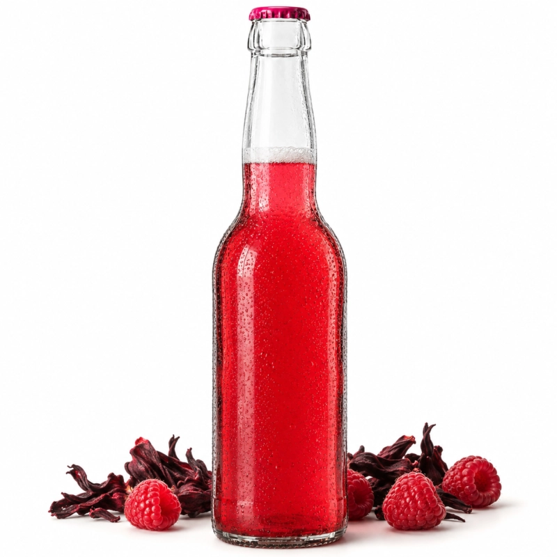 Flaszka 330 ml z rubinowym sokiem wśród owoców, jedna z kompletu 10 szklanych butelek na piwo
