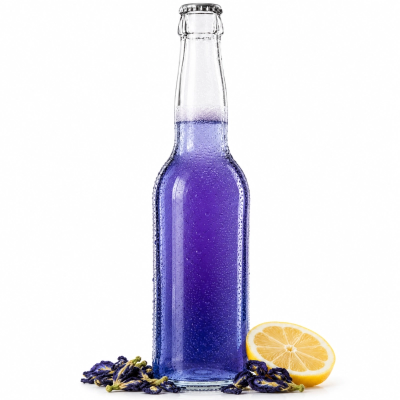 Butelka szklana longneck 330 ml z fioletowym napojem, pakiet 10 flaszek na cydr i kombuchę