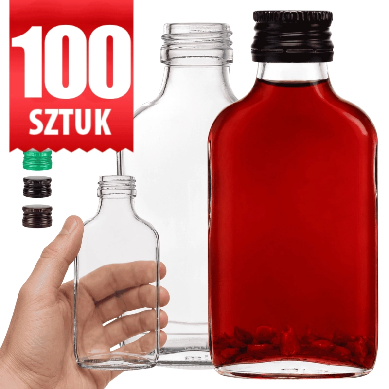 Karton hurtowy 100 piersiówek szklanych Perła 100 ml z nalewką, zbiorczy pakiet na wesele i rozlew
