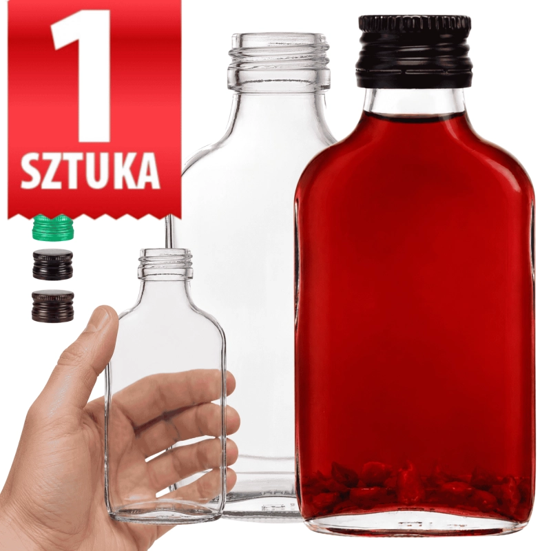 Płaska piersiówka Perła 100 ml ze szkła bezbarwnego z nalewką, wariant 1 sztuka z gwintem fi 28 mm