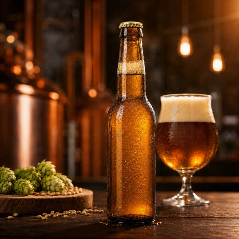 Komplet 10 butelek longneck 330 ml do piwa domowego, brązowe szkło w nastrojowej aranżacji piwnej