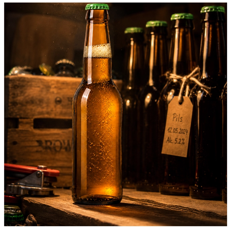 Brązowe butelki szklane 330 ml z pakietu 10 sztuk w nastrojowym ujęciu do piwa i kwasu chlebowego