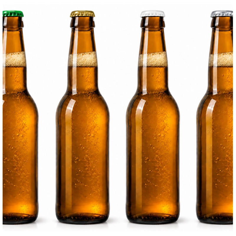 Cztery brązowe butelki longneck 330 ml ustawione w rzędzie, opakowanie zbiorcze 10 sztuk na piwo