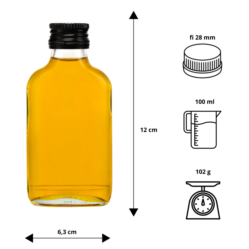 Piersiówka Perła 100 ml z miodowym trunkiem i ikonami cech produktu, szkło z gwintem fi 28 mm