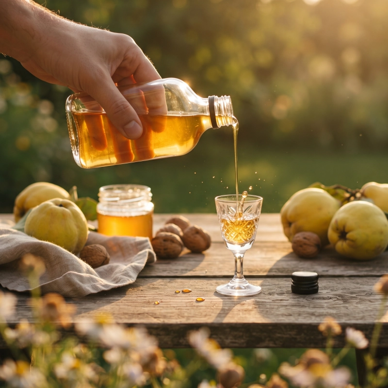 Szklana piersiówka Perła 100 ml w plenerze podczas nalewania trunku, kieszonkowa butelka na piknik