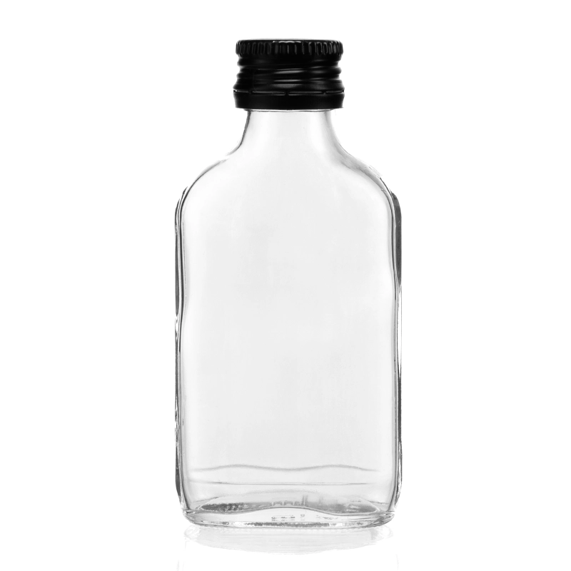 Pusta płaska piersiówka ze szkła 100 ml z widocznym gwintem fi 28 mm, komplet 10 butelek do bimbru