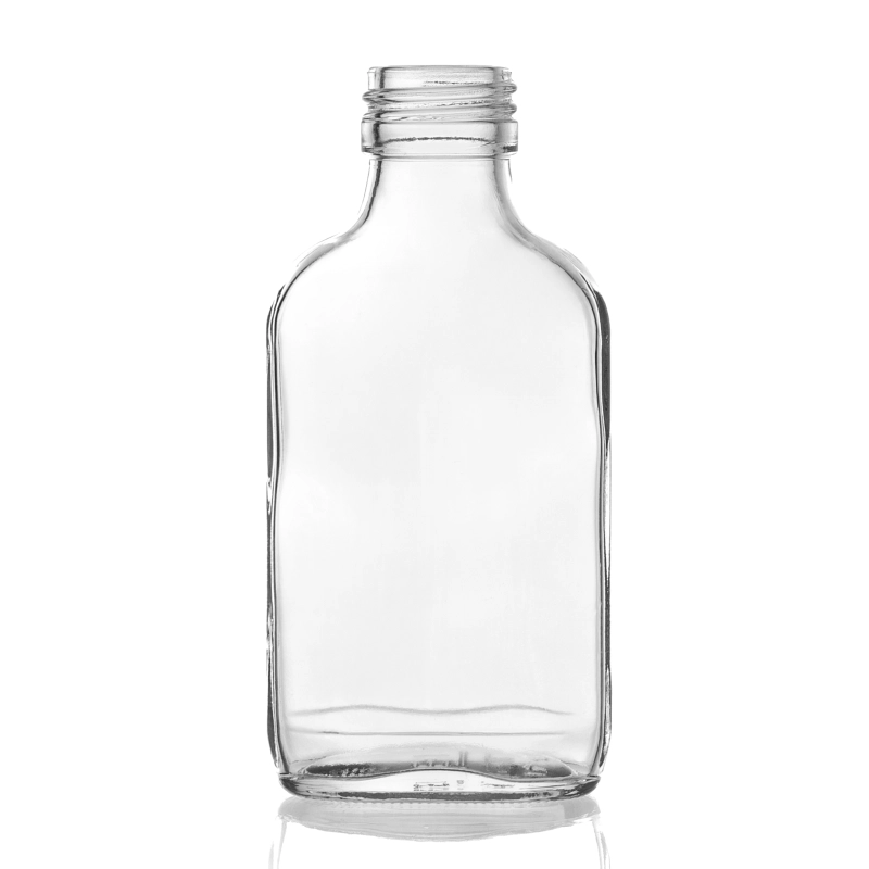 Bezbarwna butelka szklana piersiówka 100 ml bez pokrywki z zestawu 10 sztuk, gwint fi 28 na nalewki